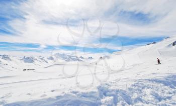 mountain skiing on Alps in Paradiski region, Val d'Isere - Tignes , France