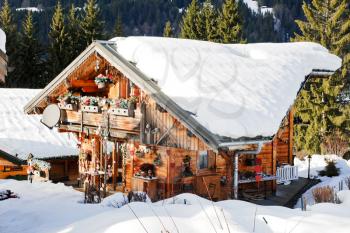 residential area in mountain skiing resort village Les Gets in Portes du Soleil region, France