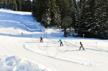 skiing tracks on snow mountains in Portes du Soleil region, Les Gets, France