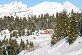 mountain skiing area in Portes du Soleil region, Morzine - Avoriaz, France