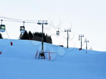 ski lift in Alps mountain in evening, in Portes du Soleil region, Evasion - Mont Blanc, France