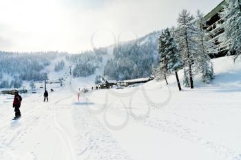 ski tracks in village Sestriere in skiing area Via Lattea (Milky Way), Italy