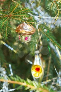 glass home and lantern christmas tree vintage decoration close up