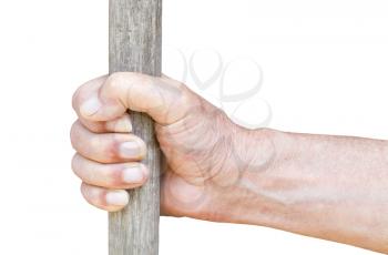 male hand holds old wooden staff isolated on white background
