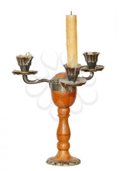 triple candlestick with one candle isolated on white background