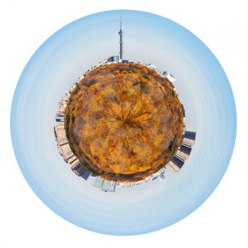 little planet - yellow autumn planet with forest and urban houses and TV tower isolated on white background