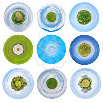 spherical views of rural agricultural landscapes - wheat, rye, potato,corn, fields, green lawn and gardens
