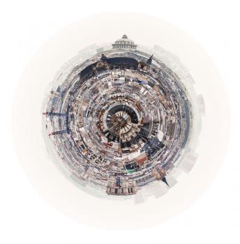 little planet - urban spherical panorama of Paris with Pantheon, France isolated on white background