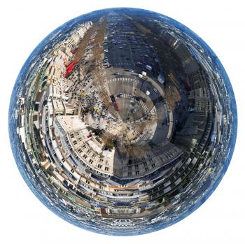 little planet - urban spherical view of Avenues des Champs Elysees in Paris, France isolated on white background