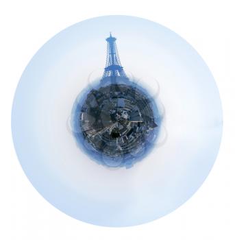 little planet - urban spherical view of Avenues D Iena and Eiffel tower in Paris isolated on white background
