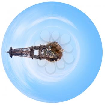 little planet - urban spherical panorama of Paris with big Eiffel tower isolated on white background