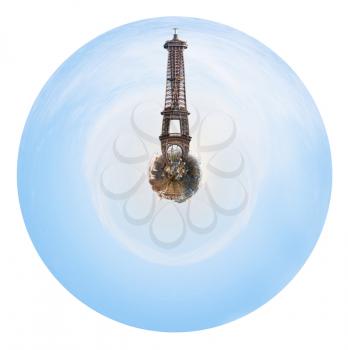 little planet - urban spherical cityscape of Paris with big Eiffel tower isolated on white background