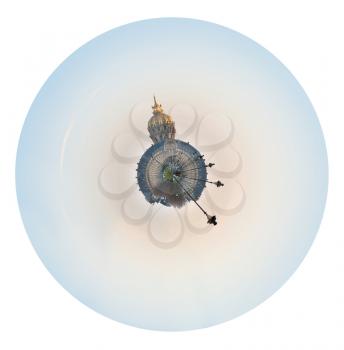 little planet - urban spherical panorama of Paris with Hotel des Invalides isolated on white background
