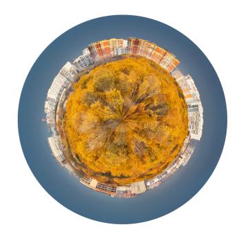 little planet - spherical planet with yellow autumn forest and urban houses under grey sky isolated on white background