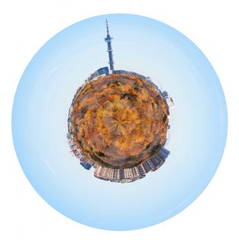 little planet - little planet with yellow autumn forest and urban houses and TV tower isolated on white background