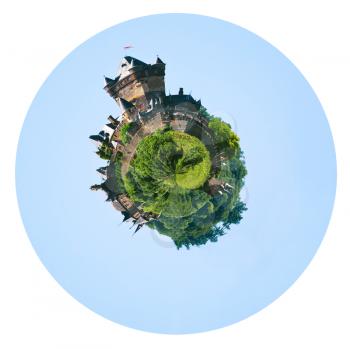 little planet - urban spherical view of castle over town Cochem on the Moselle left riverbank in Germany isolated on white background