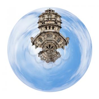 little planet - urban spherical view of old Sainte-Trinite Church in Paris isolated on white background