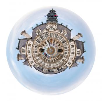 little planet - urban spherical view of Hotel de Ville (City Hall) in Paris isolated on white background