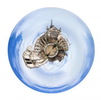 little planet - urban spherical view of cathedral Notre-Dame de Paris isolated on white background