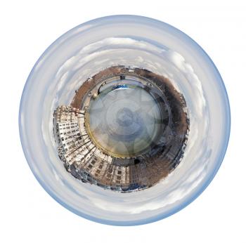 little planet - urban spherical panorama of Paris with view of Seine river and Pont Louis-Philippe isolated on white background