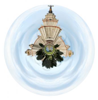 little planet - spherical view of Lomonosov Moscow State University and fountain pond under cloudy sky isolated on white background