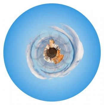 little planet - little urban planet in blue morning autumn sky isolated on white background