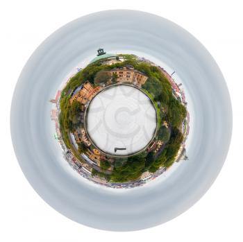 little planet - urban spherical view of Kastellholmen island, Stockholm, Sweden isolated on white background