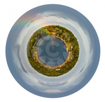 little planet - spherical view of Baltic sea coastline with rainbow in rain during sunshine isolated on white background