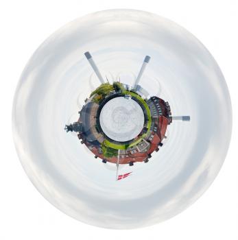 little planet - urban spherical view of old factory and danish flag in Copenhagen, Denmark isolated on white background
