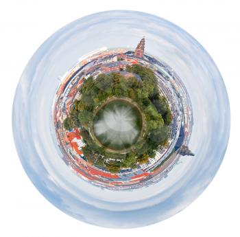 little planet - urban spherical panorama of Copenhagen city, Denmark isolated on white background