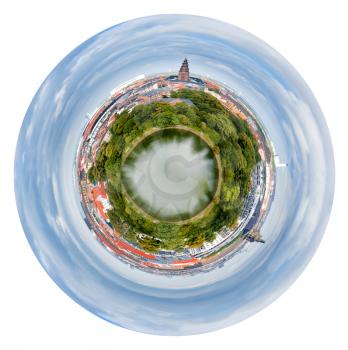 little planet - urban spherical view of Copenhagen city, Denmark isolated on white background