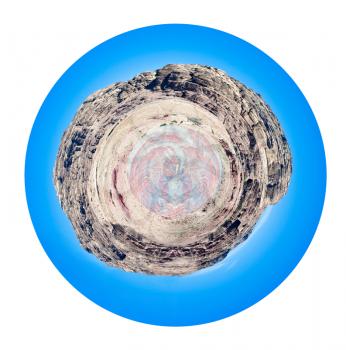 little planet - spherical view of multicolored stone desert in Petra valley, Jordan isolated on white background