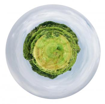 little planet - spherical view of green meadow, forest and grey clouds on sky isolated on white background