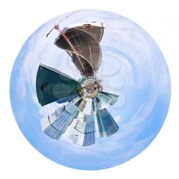 little planet - spherical panoramic view of Moscow city buildings isolated on white background