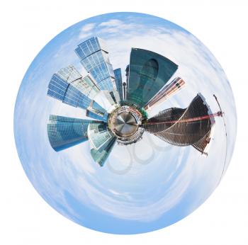 little planet - spherical panoramic view of Moscow city towers isolated on white background