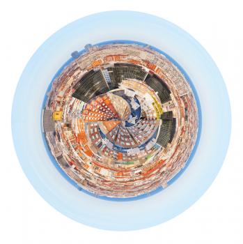 little planet - urban spherical panorama of residential area in Barcelona, Spain isolated on white background