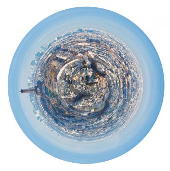 little planet - urban spherical panorama of Paris isolated on white background
