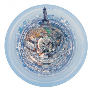 little planet - eiffel tower and urban spherical panorama of Paris isolated on white background
