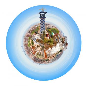 little planet - spherical panoramic Barcelona skyline from Park Guell, Spain isolated on white background
