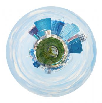 little planet - spherical panorama of Moscow city towers in spring isolated on white background