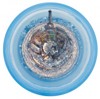 little planet - urban spherical skyline of Paris isolated on white background