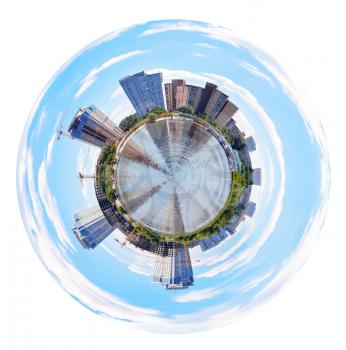 little planet - spherical panoramic view of new apartment houses building in Kiev, Ukraine isolated on white background