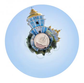 little planet - spherical panoramic view of St. Michael Golden-Domed Monastery with cathedral and bell tower from St. Michael's Square in Kiev, Ukraine isolated on white background