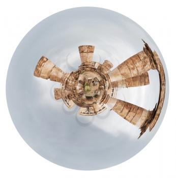 little planet - spherical view of Temple of Hercules in antique citadel in Amman, Jordan isolated on white background