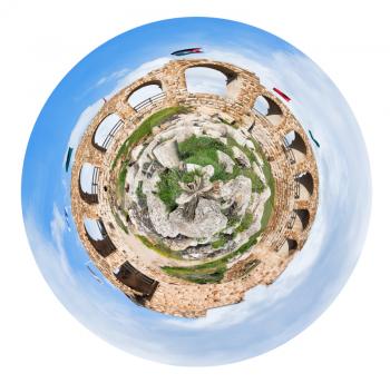 little planet - spherical panorama of walls of Greco Roman city of Gerasa Jerash in Jordan isolated on white background