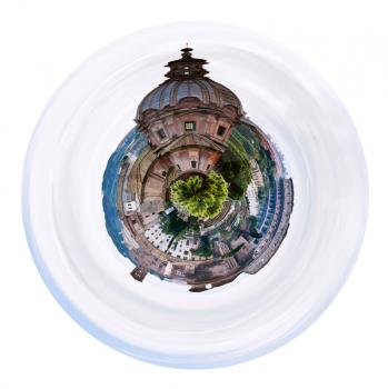 little planet - urban spherical view of ancient temple and Coliseum from Capitol Hill, Rome, Italy isolated on white background