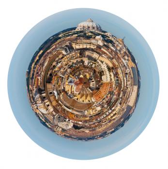 little planet - urban spherical view of old town and St Peter Basilica, Rome, Italy isolated on white background