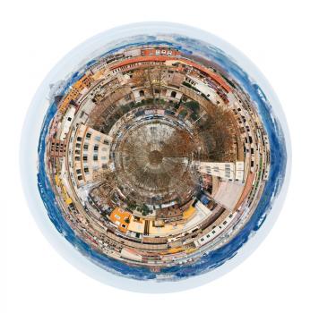 little planet - urban spherical autumn skyline of Rome from Aventine Hill, Italy isolated on white background