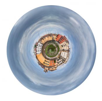 little planet - urban spherical view of Parma stream in autumn cloudy day, Italy isolated on white background