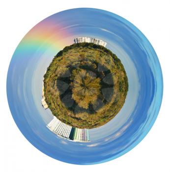 little planet - urban spherical panorama with rainbow in blue sky and green wood isolated on white background